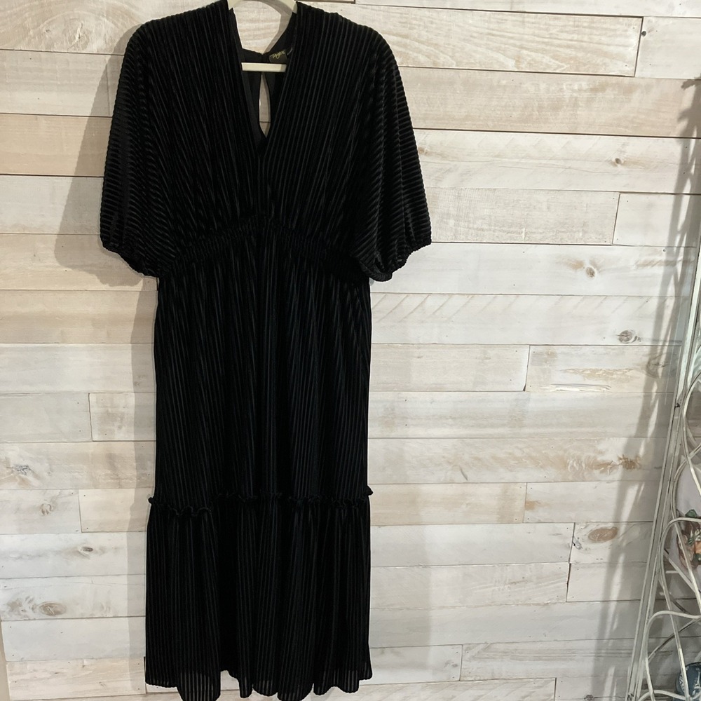 Taylor Womens 14 Black Striped Velvet V-Neck Short Sleeve Long Dress